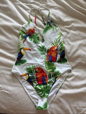 Forever 21 White Tropical Parrot One-Piece Swimsuit